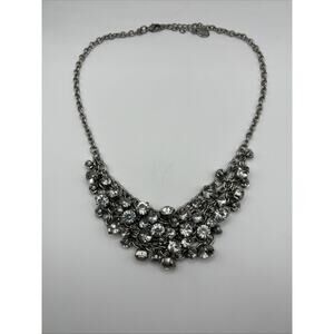 AEA Rhinestone Bib Cluster Statement Necklace in Silver Tone
